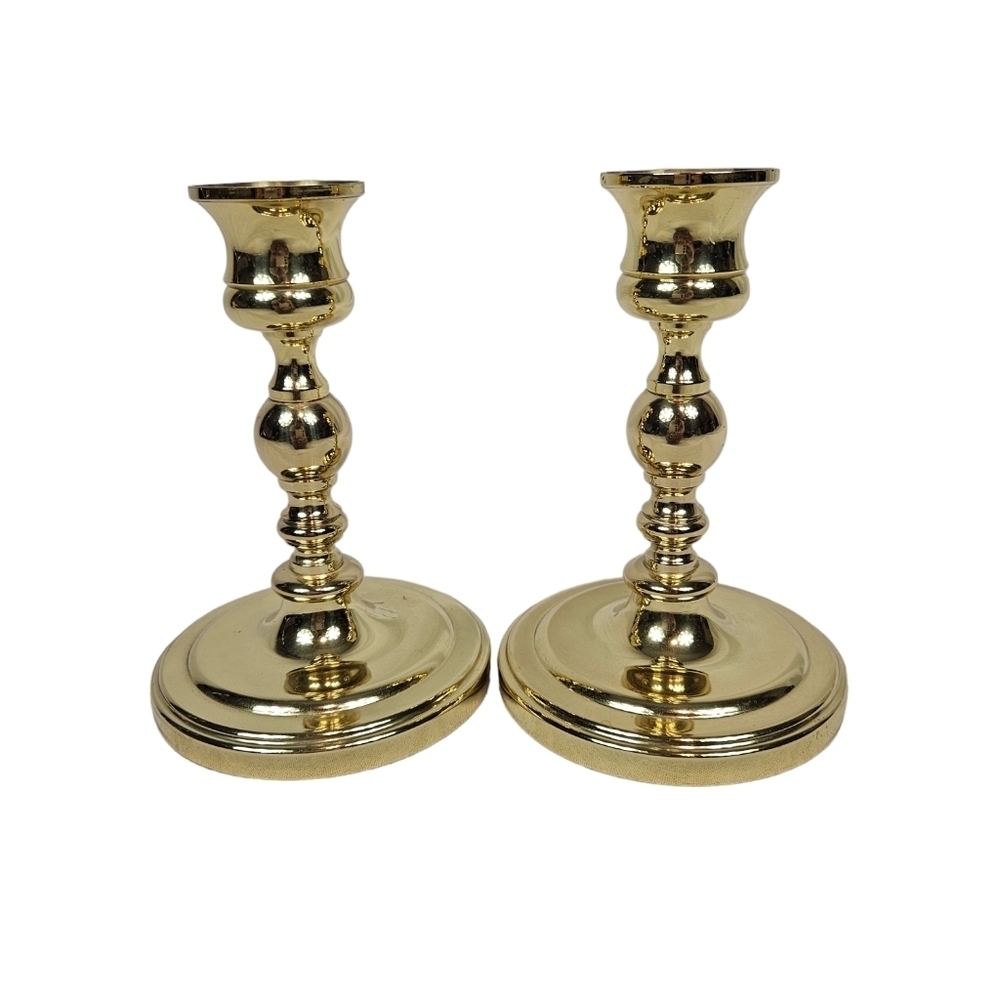 Vintage Baldwin Cast Brass Candlestick Holders 5" Tall Round‎ Base Set of 2 I14